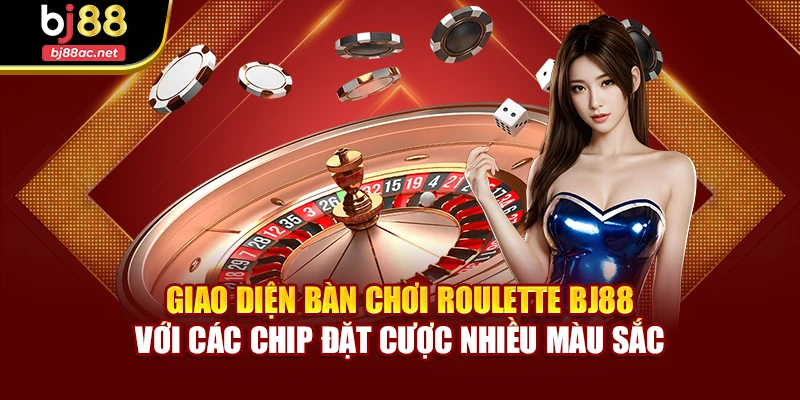 Giao diện bàn chơi Roulette BJ88 với các chip đặt cược nhiều màu sắc